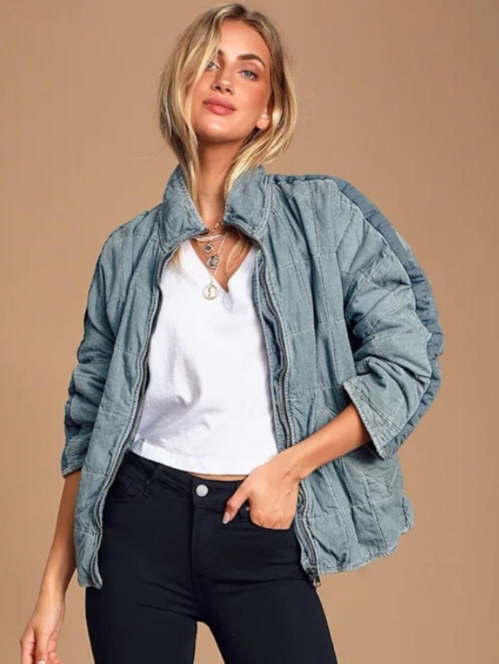 Free People Distressed Dolmen Quilted Jacket Oversized Relaxed Fit Indigo Wash